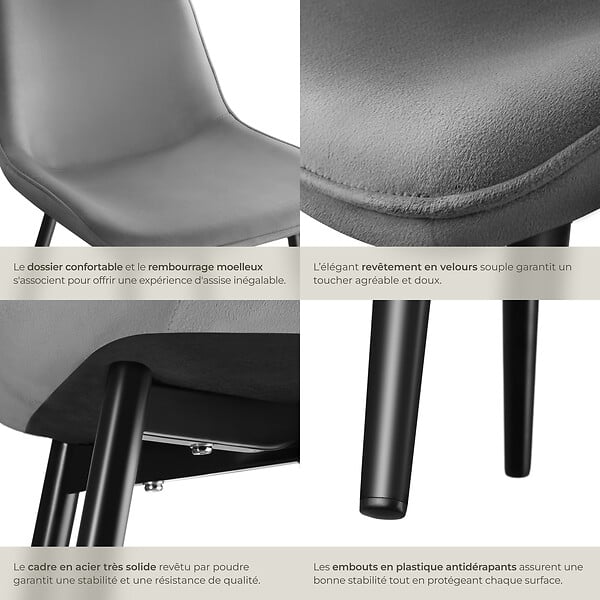 TECTAKE - Lot de 2 chaises Rembourrées aspect velours assise Ergonomique gris - large