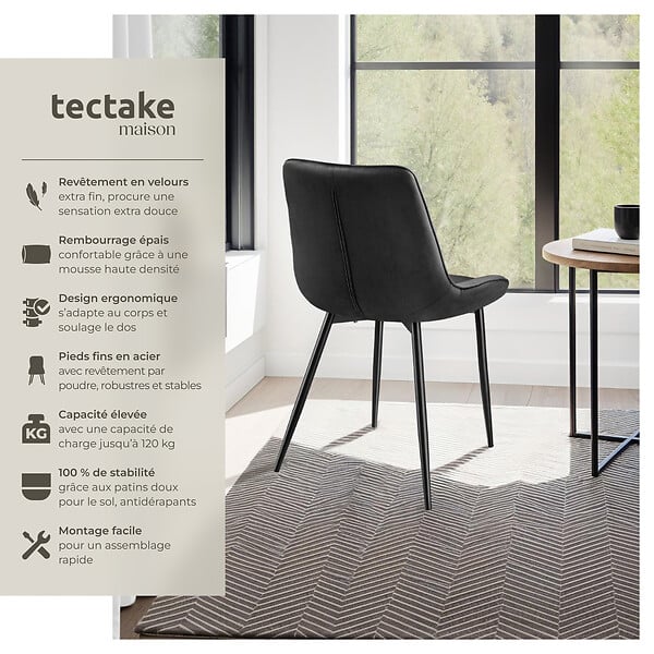 TECTAKE - Lot 2 chaises assise ergonomique rembourrée aspect velours noir - large