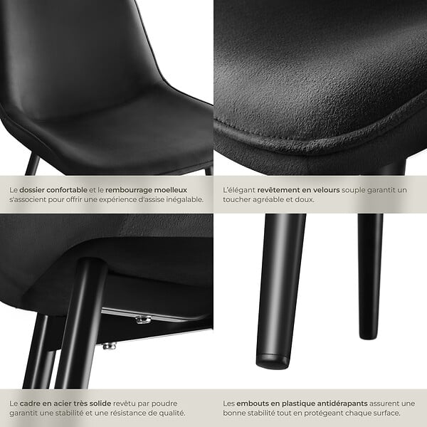 TECTAKE - Lot 2 chaises assise ergonomique rembourrée aspect velours noir - large