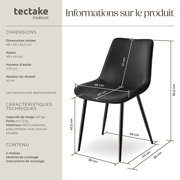 TECTAKE - Lot 2 chaises assise ergonomique rembourrée aspect velours noir - large