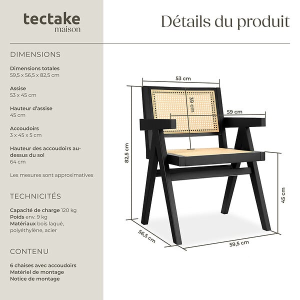 TECTAKE - Lot 6 chaises de salle à manger cannage viennois style boho noir - large