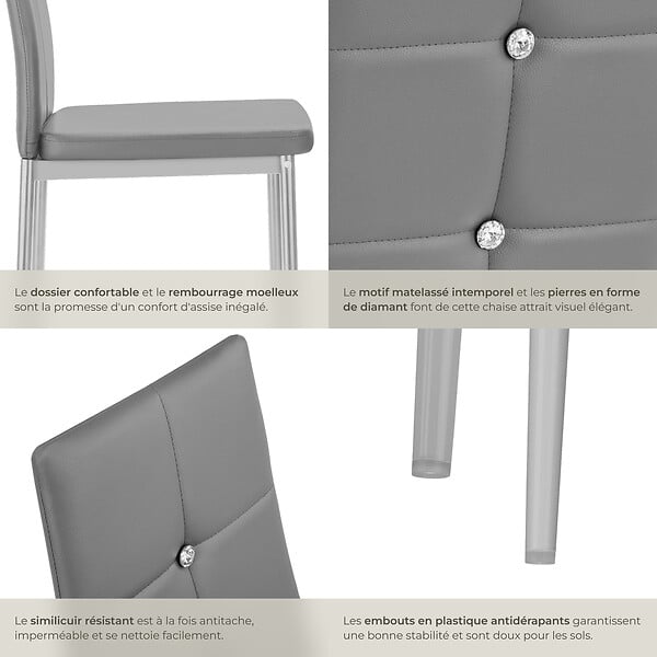 TECTAKE - Lot de 8 chaises avec strass cuir synthétique ergonomique strass gris - large