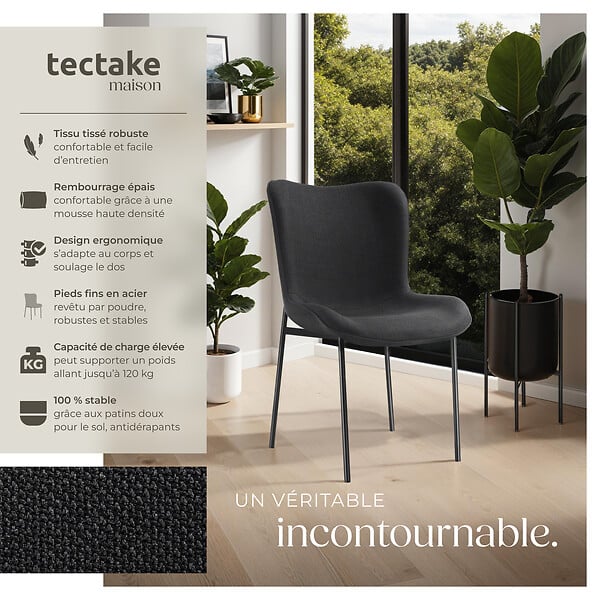 TECTAKE - 2 chaises rembourrées revêtement en tissu forme ergonomique noir - large