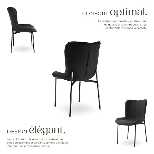 TECTAKE - 2 chaises rembourrées revêtement en tissu forme ergonomique noir - large