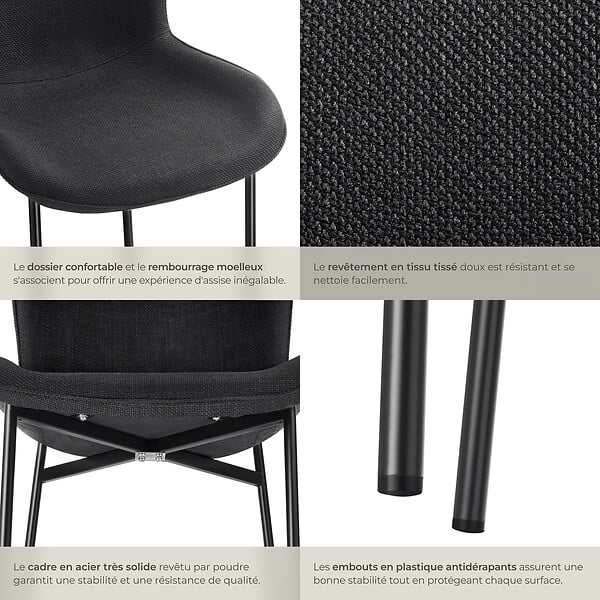 TECTAKE - 2 chaises rembourrées revêtement en tissu forme ergonomique noir - large