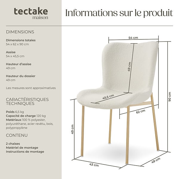 TECTAKE - Lot de 2 chaises de salle à manger rembourrées tissu bouclette blanc - large