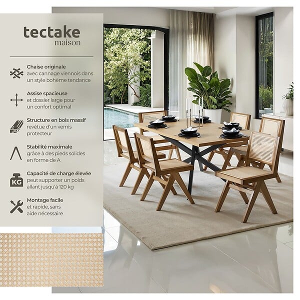 TECTAKE - Lot 6 chaises en bois avec cannage viennois design boho chêne clair - large