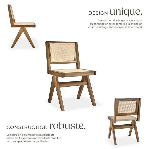 TECTAKE - Lot 6 chaises en bois avec cannage viennois design boho chêne clair - large