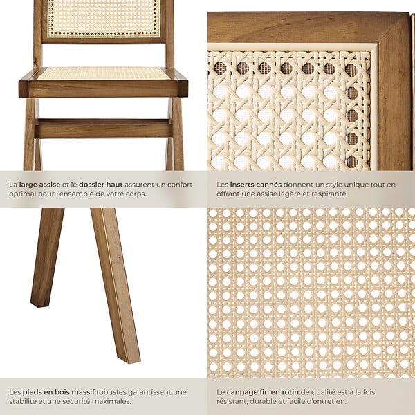 TECTAKE - Lot 6 chaises en bois avec cannage viennois design boho chêne clair - large