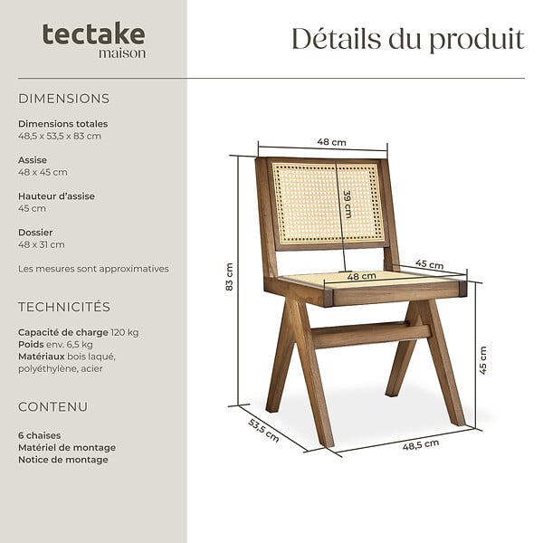 TECTAKE - Lot 6 chaises en bois avec cannage viennois design boho chêne clair - large