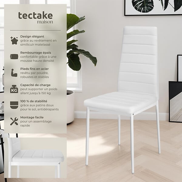 TECTAKE - Lot de 8 chaises avec strass en cuir synthétique ergonomiques blanc - large