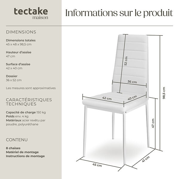 TECTAKE - Lot de 8 chaises avec strass en cuir synthétique ergonomiques blanc - large