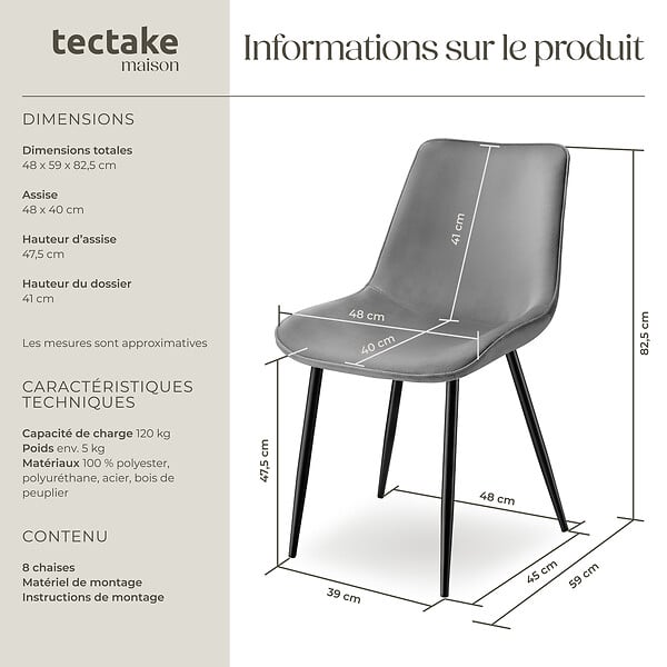 TECTAKE - Lot de 8 chaises rembourées aspect velours ergonomique gris - large
