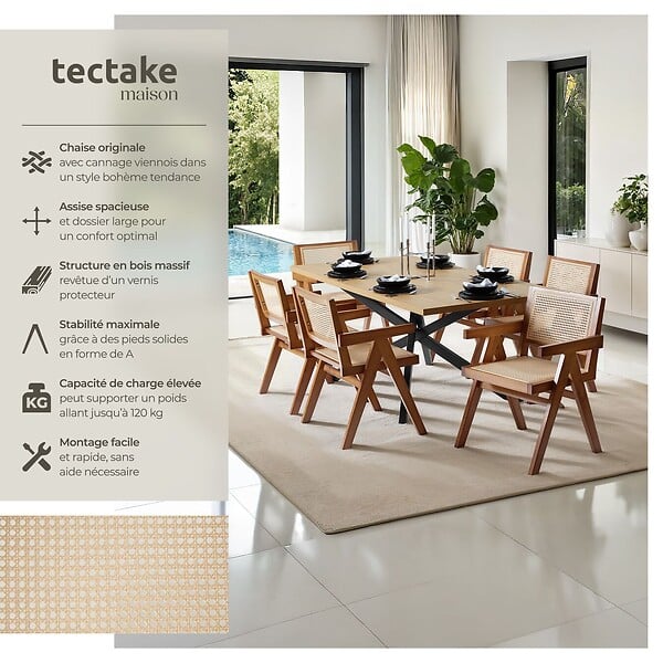 TECTAKE - Lot 2 chaises de salle à manger cannage viennois boho chêne foncé - large