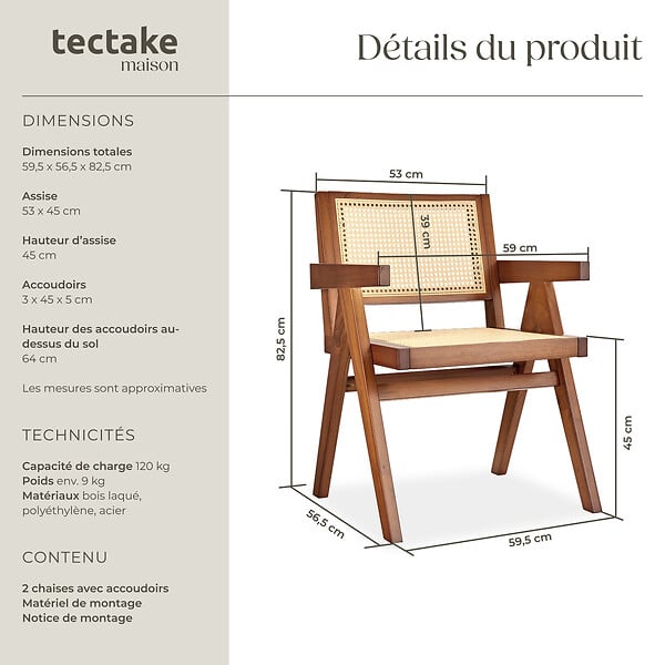 TECTAKE - Lot 2 chaises de salle à manger cannage viennois boho chêne foncé - large