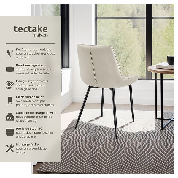 TECTAKE - Lot de 8 chaises Rembourrées aspect velours assise Ergonomique crème - large