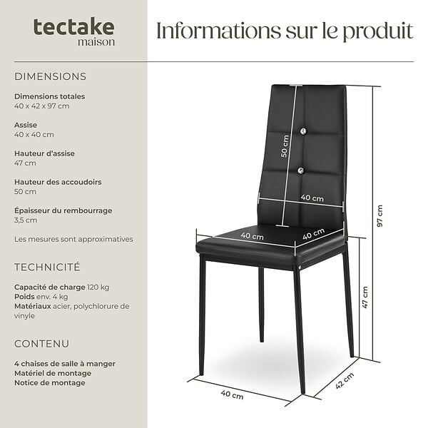 TECTAKE - Ensemble 4 chaises de salle à manger aspect cuir à paillettes noir - large