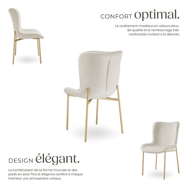 TECTAKE - 4 chaises rembourrées en velours forme ergonomique blanc/doré - large