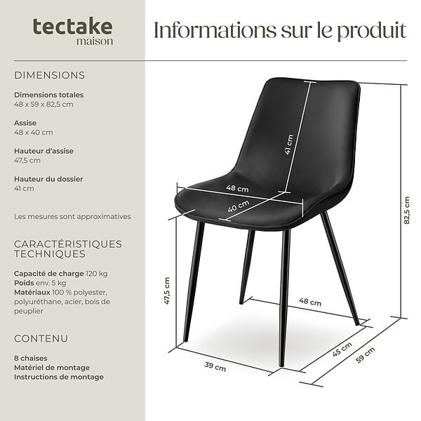TECTAKE - Lot de 8 chaises Rembourrées aspect velours assise Ergonomique noir - large