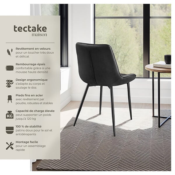 TECTAKE - Lot de 6 chaises Rembourrées aspect velours assise Ergonomique noir - large