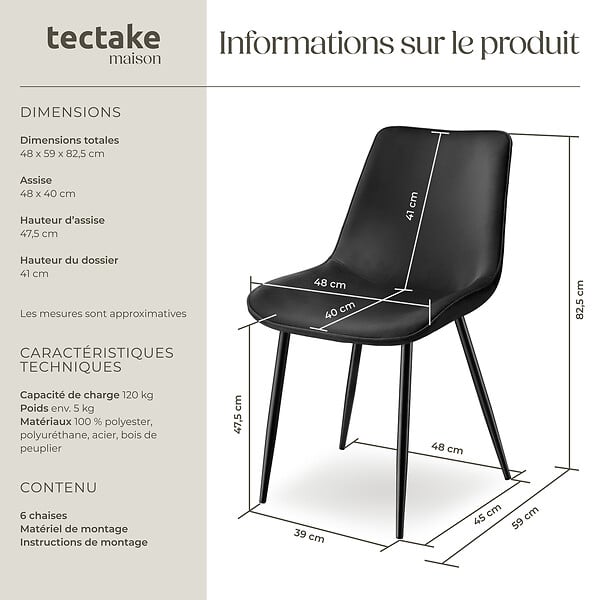 TECTAKE - Lot de 6 chaises Rembourrées aspect velours assise Ergonomique noir - large