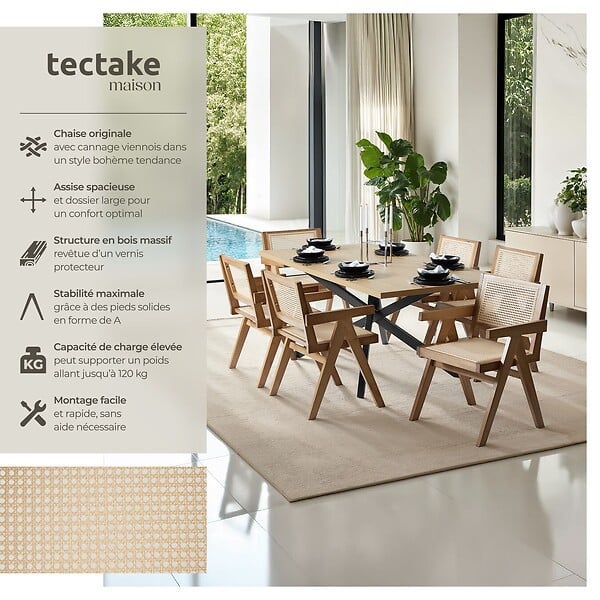 TECTAKE - Chaise de salle à manger cannage viennois style boho chêne clair - large