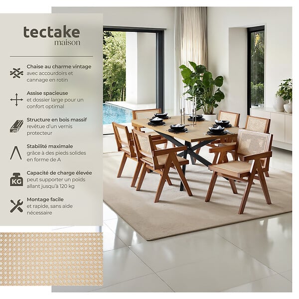 TECTAKE - Lot 6 chaises de salle à manger cannage viennois boho chêne foncé - large