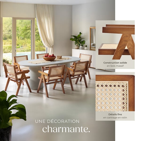TECTAKE - Lot 6 chaises de salle à manger cannage viennois boho chêne foncé - large