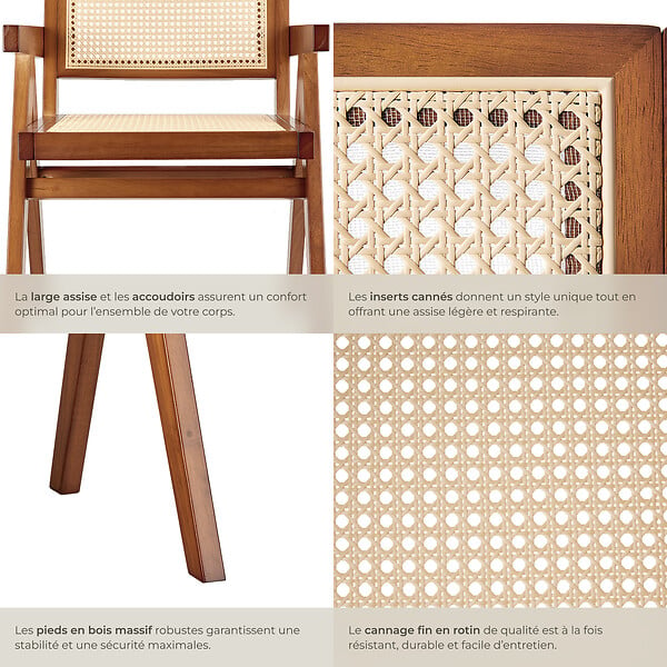 TECTAKE - Lot 6 chaises de salle à manger cannage viennois boho chêne foncé - large