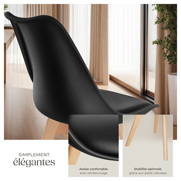 TECTAKE - Lot 6 chaises salle à manger style scandinave forme ergonomique noir - large
