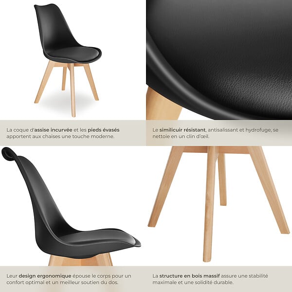 TECTAKE - Lot 6 chaises salle à manger style scandinave forme ergonomique noir - large