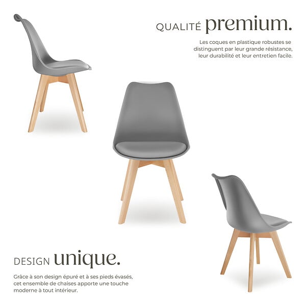 TECTAKE - Lot 4 chaises salle à manger style scandinave forme ergonomique gris - large