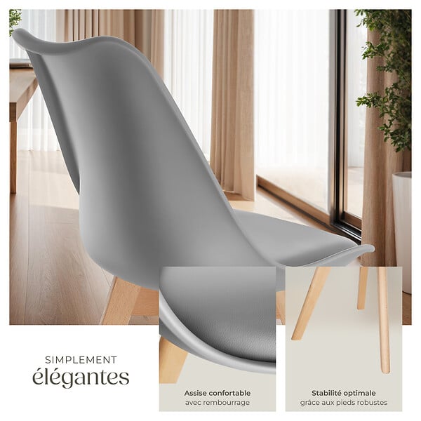 TECTAKE - Lot 4 chaises salle à manger style scandinave forme ergonomique gris - large