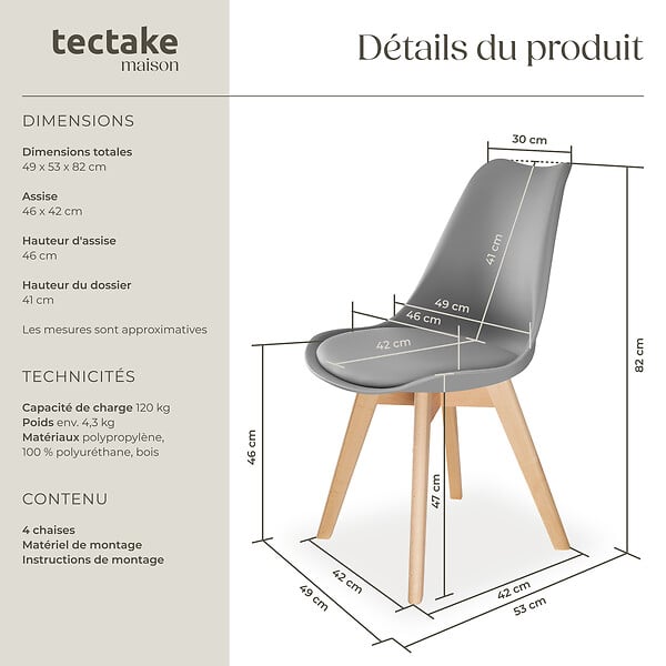 TECTAKE - Lot 4 chaises salle à manger style scandinave forme ergonomique gris - large