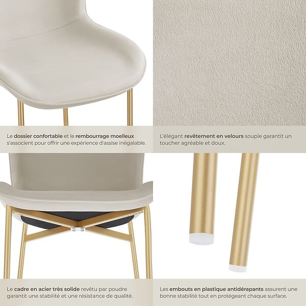 TECTAKE - 2 chaises rembourrées en velours forme ergonomique blanc/doré - large