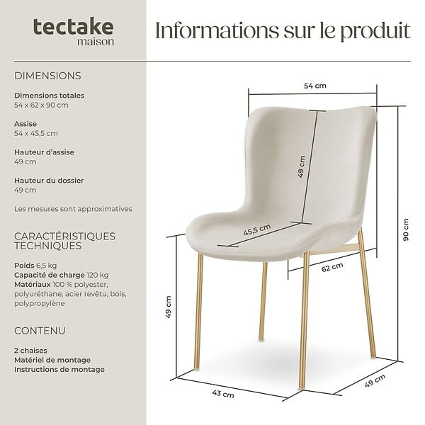 TECTAKE - 2 chaises rembourrées en velours forme ergonomique blanc/doré - large