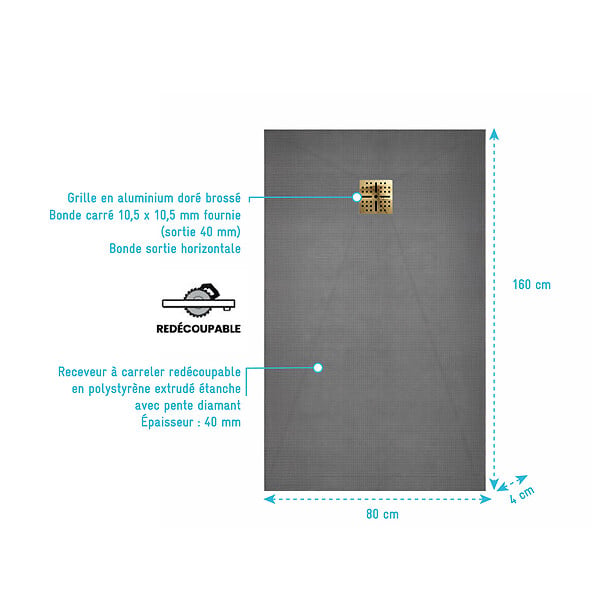 AURLANE - Receveur de Douche à Carreler 160x80cm avec Bonde à Sortie Horizontale - Grille Finition Or Brossé - large
