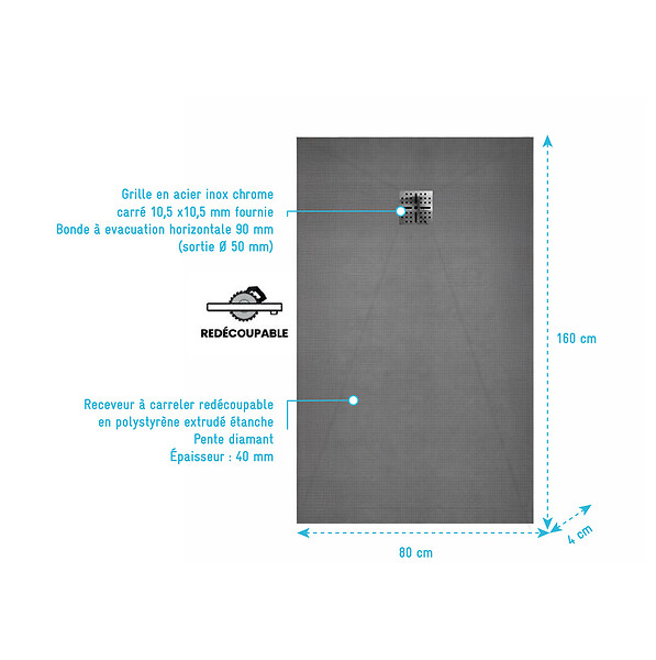 AURLANE - Receveur de douche à carreler 160x80 cm avec bonde à sortie Horizontale - Grille finition chrome - large