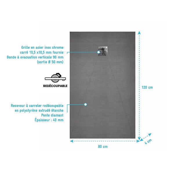 AURLANE - Receveur de Douche à Carreler 120x80cm avec Bonde à Sortie Verticale - Grille Inox Chrome - large