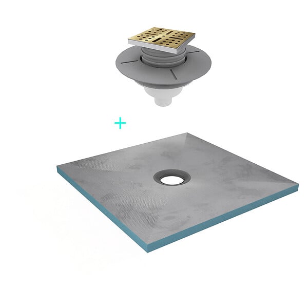 AURLANE - Receveur de Douche à Carreler 90x90cm avec Bonde à Sortie Verticale - Grille Finition Or Brossé - large
