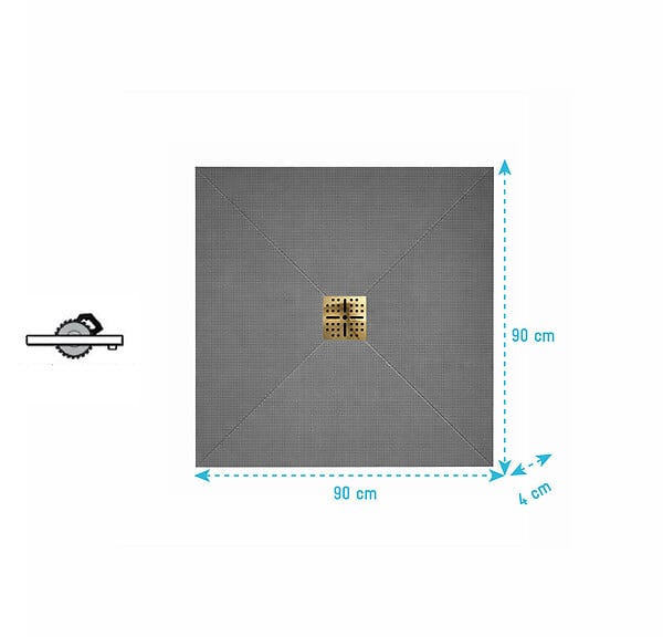 AURLANE - Receveur de Douche à Carreler 90x90cm avec Bonde à Sortie Verticale - Grille Finition Or Brossé - large