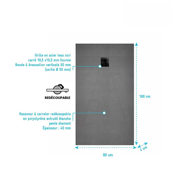AURLANE - Receveur de Douche à Carreler 160x80cm avec Bonde à Sortie Verticale - Grille Noire - large