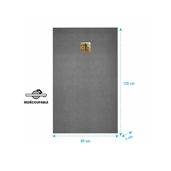 AURLANE - Receveur de Douche à Carreler 120x80cm avec Bonde à Sortie Horizontale - Grille Finition Or Brossé - large