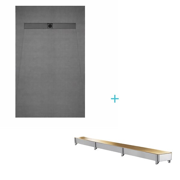 AURLANE - Receveur de douche à carreler 140x80 cm avec bonde écoulement linéaire - Grille finition or brossé - large
