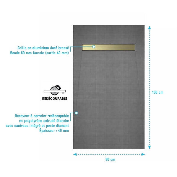 AURLANE - Receveur de douche à carreler 160x80 cm avec bonde écoulement linéaire - Grille finition or brossé - large