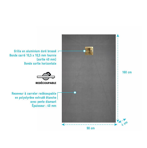 AURLANE - Receveur de Douche à Carreler 160x90cm avec Bonde à Sortie Horizontale - Grille Finition Or Brossé - large