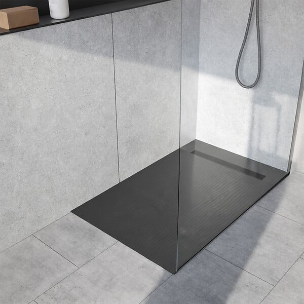 AURLANE - Receveur de douche à carreler 140x90 cm avec bonde écoulement linéaire - Grille finition noire - large