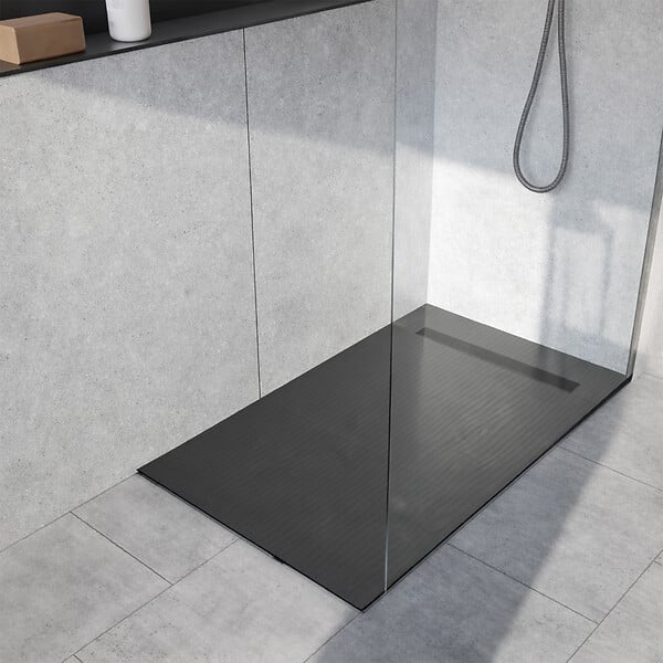 AURLANE - Receveur de douche à carreler 160x80 cm avec bonde écoulement linéaire - Grille finition noire - large