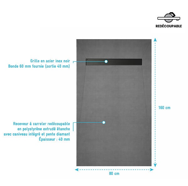 AURLANE - Receveur de douche à carreler 160x80 cm avec bonde écoulement linéaire - Grille finition noire - large