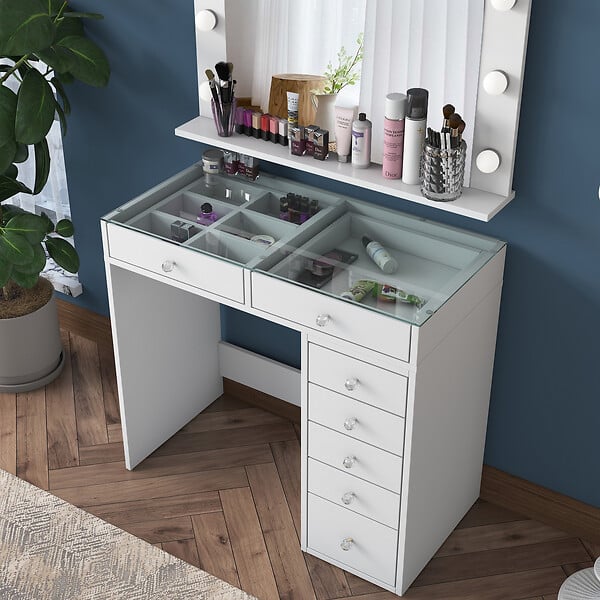 HABITAT ET JARDIN - Coiffeuse avec miroir en bois "Kona" - 90 x 44 x 80 cm - Blanc - large